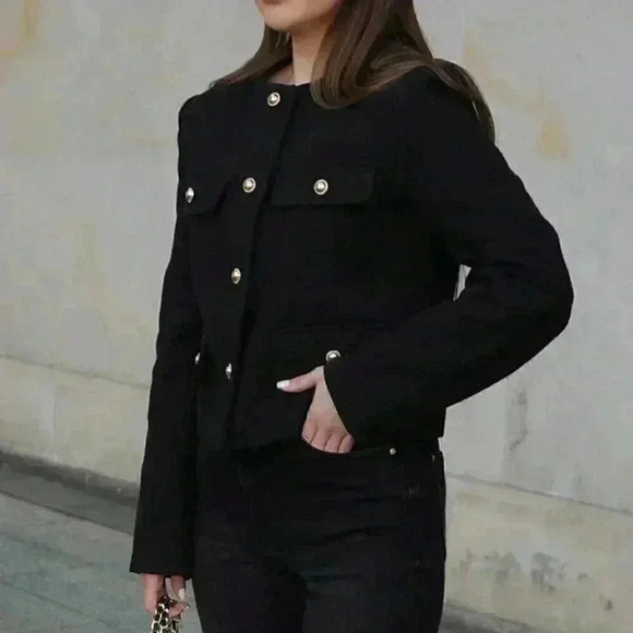 Black Elegant Women's Casual Tweed Jacket Decorated Long Sleeve Coat - Picture 2 of 8